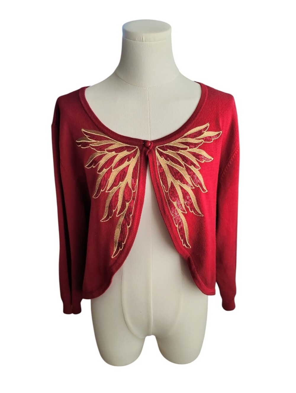 Bob Mackie Wearable Art Red and Gold Sequin Butterfly Buttoned Shrug Size XL